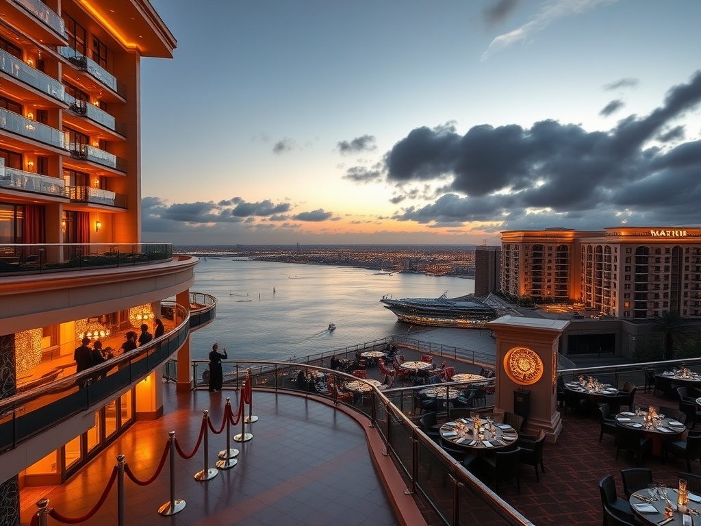 A luxurious Australian casino hotel exterior at dusk, golden lights, panoramic ocean city view, elegant VIP balcony, velvet rope concierge, fine dining tables, cinematic atmosphere.