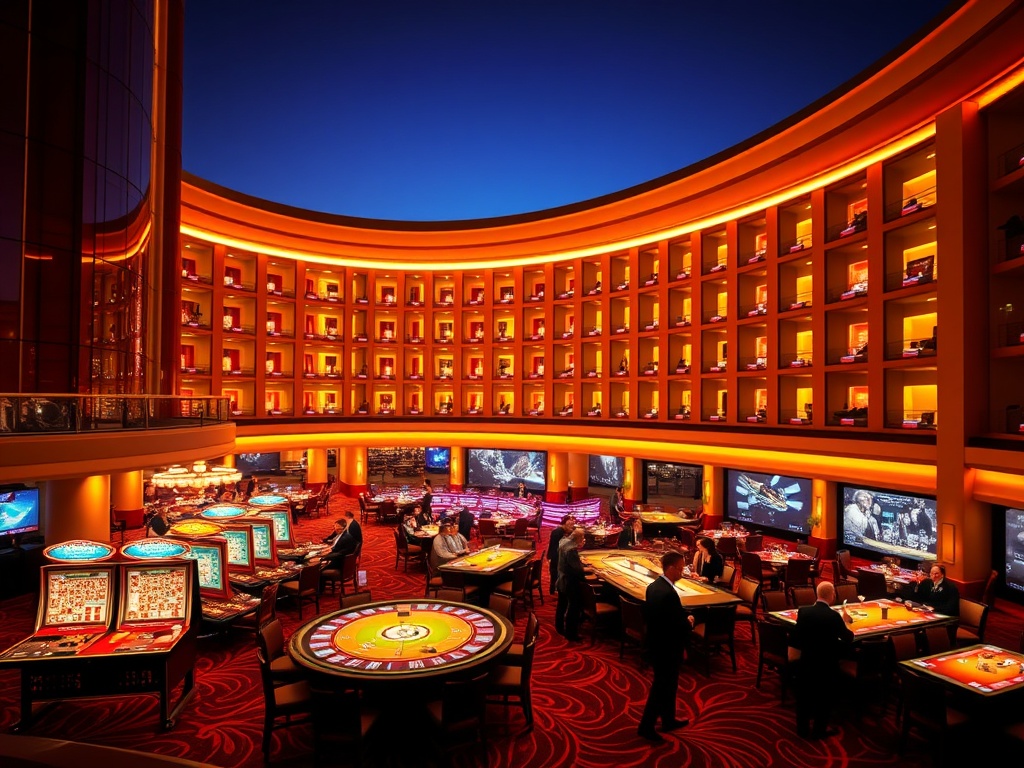 "A night scene of an elegant luxury casino hotel in Australia; warm neon-lit gaming floor, glowing high-stakes tables, panoramic suite windows, fine dining glow, upscale silhouettes."