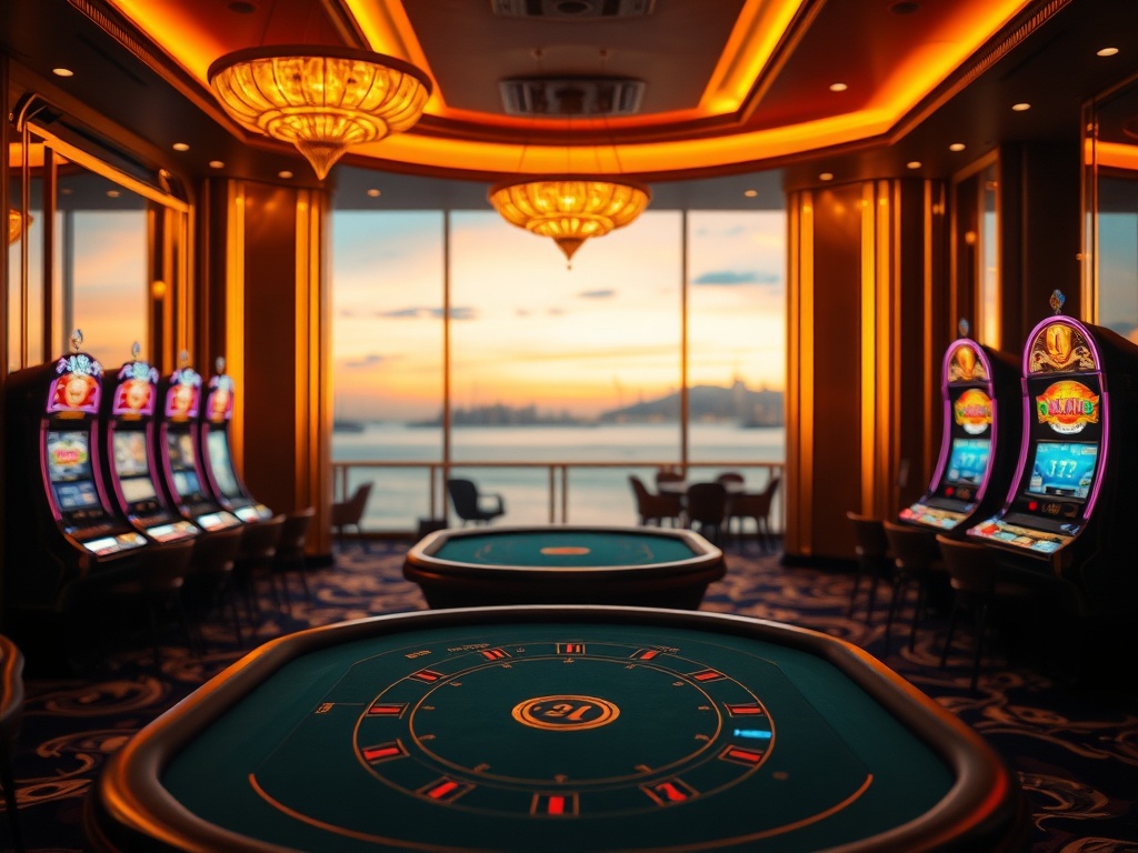 "A glamorous casino lounge at twilight with warm gold lighting, high-stakes card table, elegant slot machines blurred, VIP suite door glowing, ocean skyline, luxury atmosphere, cinematic" You MUST not include ANY brand images or logos. You may ONLY reply 