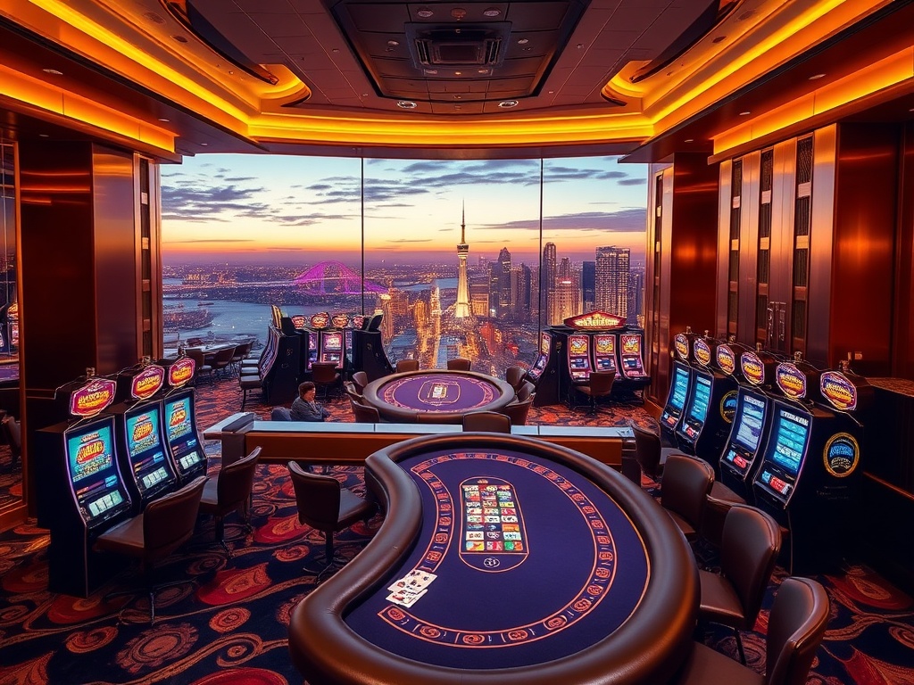 "luxury casino lounge in Australia, golden lighting, high-stakes poker table, sparkling slot machines, panoramic skyline view, elegant VIP suites glimpsed, upscale atmosphere"