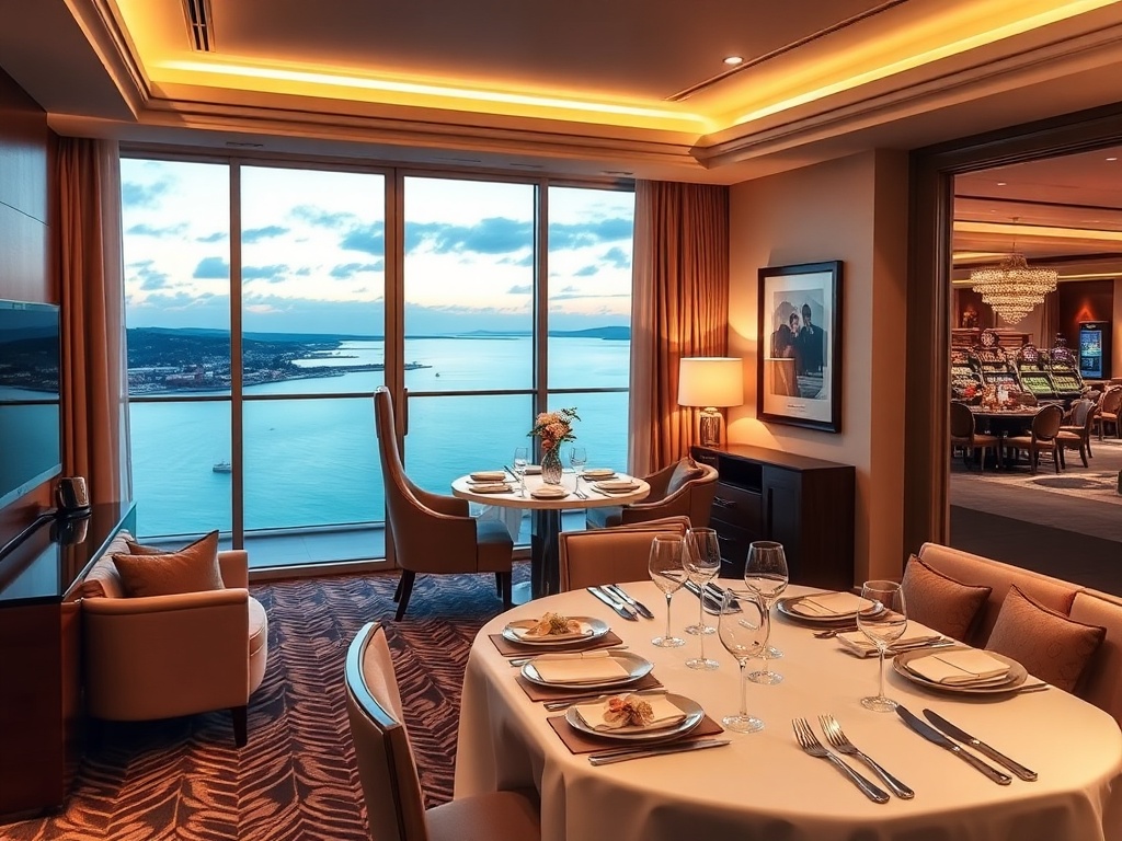 "elegant VIP lounge" "five-star suite balcony with coastal skyline" "fine dining table" "subtle casino lights" "attentive concierge" "warm confident smiles"