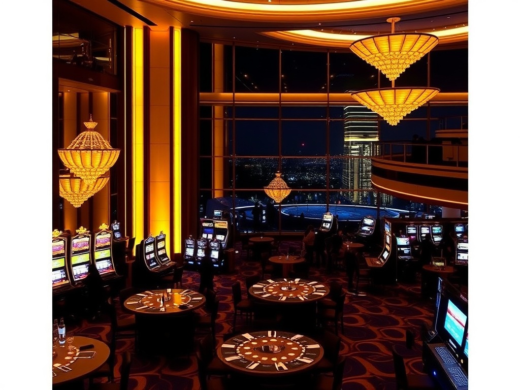 "Luxury casino hotel interior in Australia at night, golden lights, high-stakes table silhouettes, slot machines glow, VIP suite balcony overlook, elegant crowd, subtle Instagram-like glow" You MUST not include ANY brand images or logos. You may ONLY repl