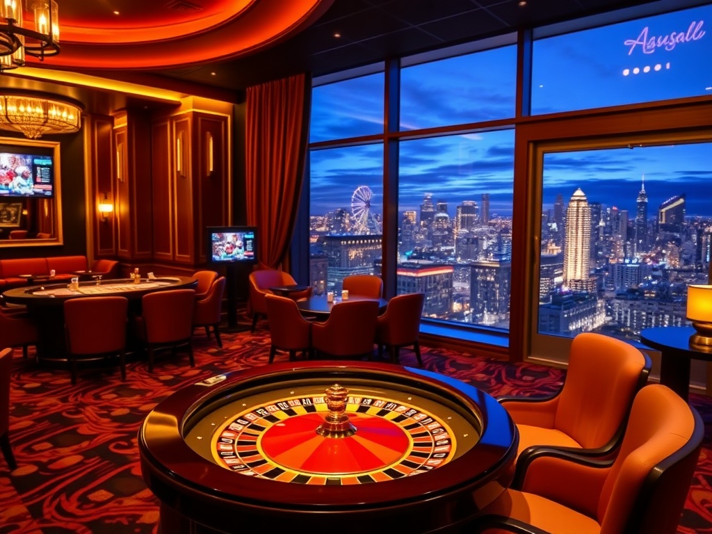 "opulent casino lounge at night" "glowing roulette wheel" "silk-draped VIP seating" "panoramic Australian skyline window" "five-star suite doorway" "golden ambient lighting" "luxury atmosphere"