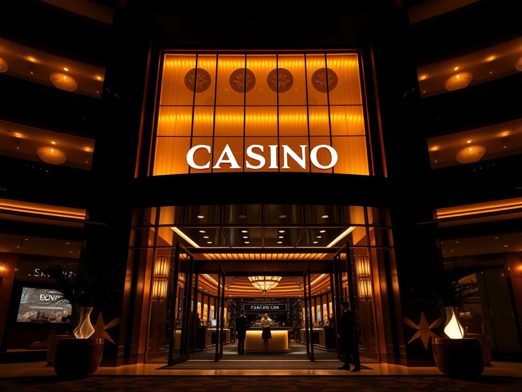 A glamorous Australian luxury casino hotel entrance at night, warm golden lights, elegant silhouettes, opulent interior glow, stylish concierge vibe, VIP aura, cinematic wide angle."