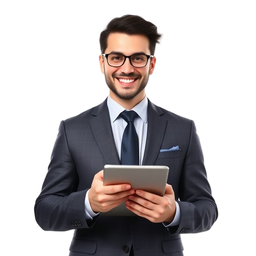 A person smiling to the camera with an elegant VIP vibe, wearing a tailored suit, holding a tablet for online gaming, white background.