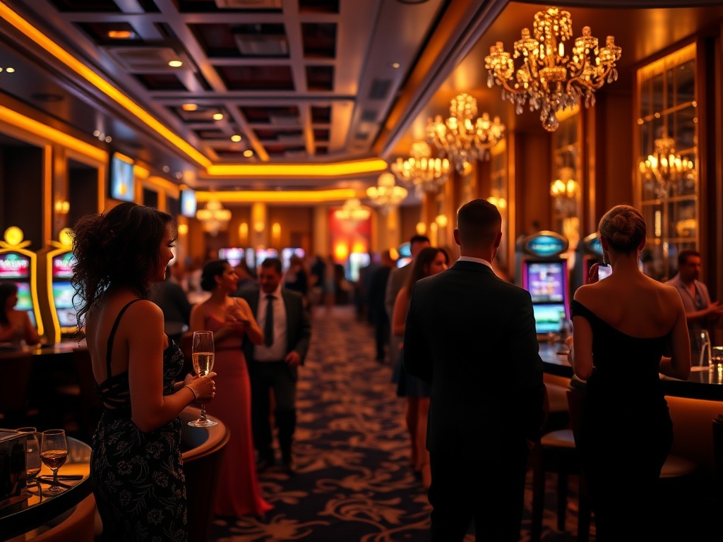 A glamorous evening in a luxury Australian casino hotel lounge, elegant guests in formal attire, warm golden lighting, distant gaming silhouettes, sparkling champagne atmosphere, cinematic depth of field.