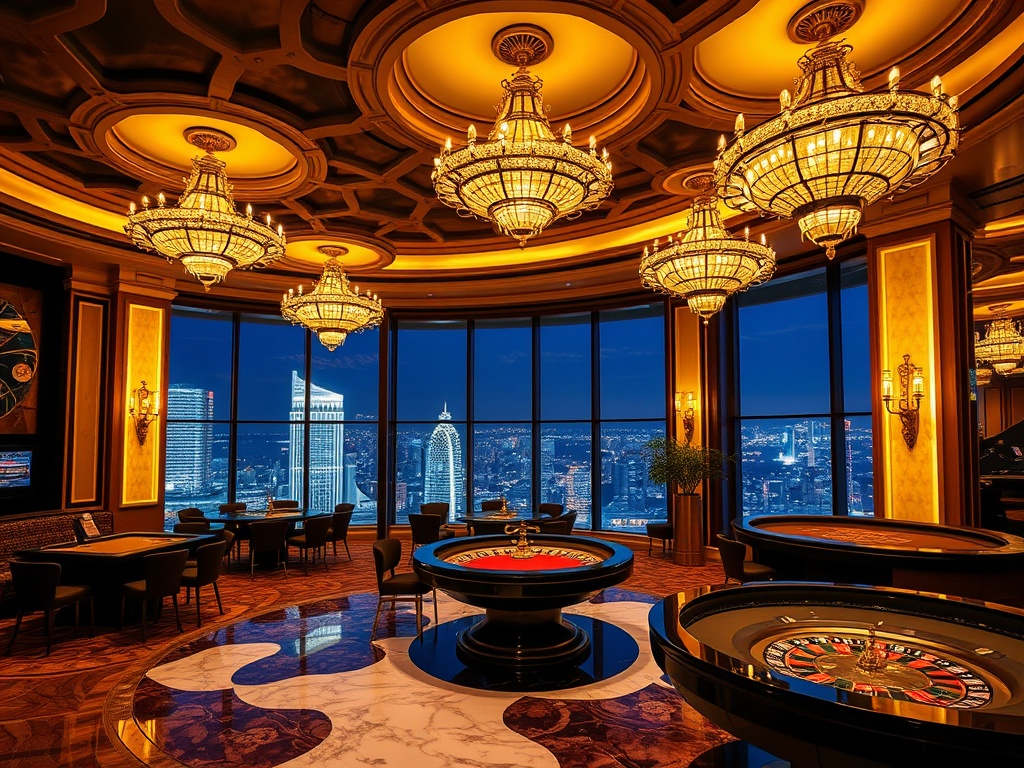 A luxurious Australian casino hotel interior, golden chandeliers, velvet lounge, elegant roulette tables, polished marble, panoramic city lights, VIP-style atmosphere, cinematic lighting.