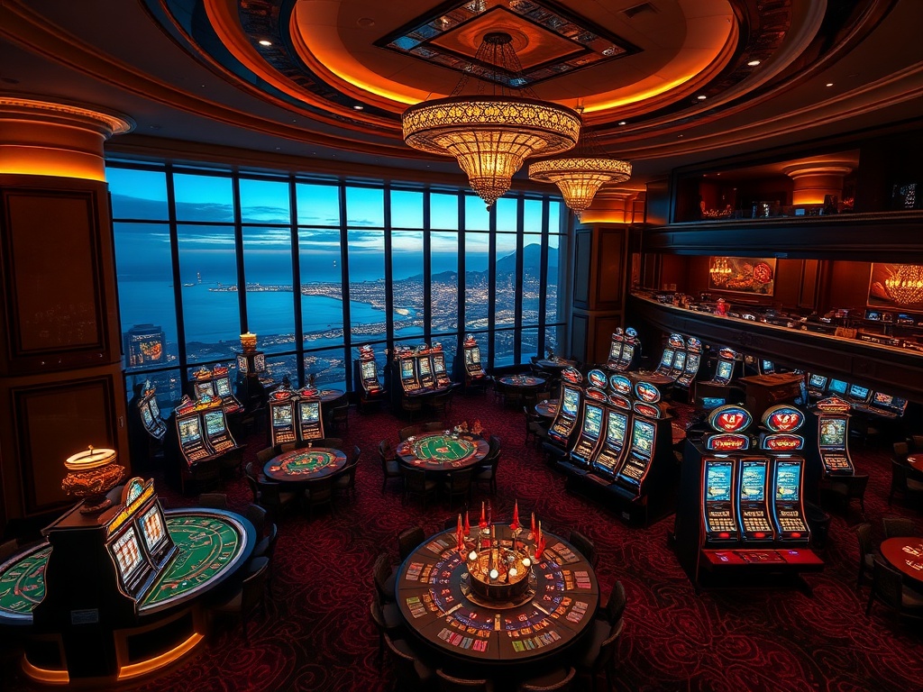 "luxury casino hotel interior at night, high-stakes gaming tables and glowing slots, elegant VIP lounge, panoramic ocean-city view, warm ambient lighting, refined crowd, cinematic realism"