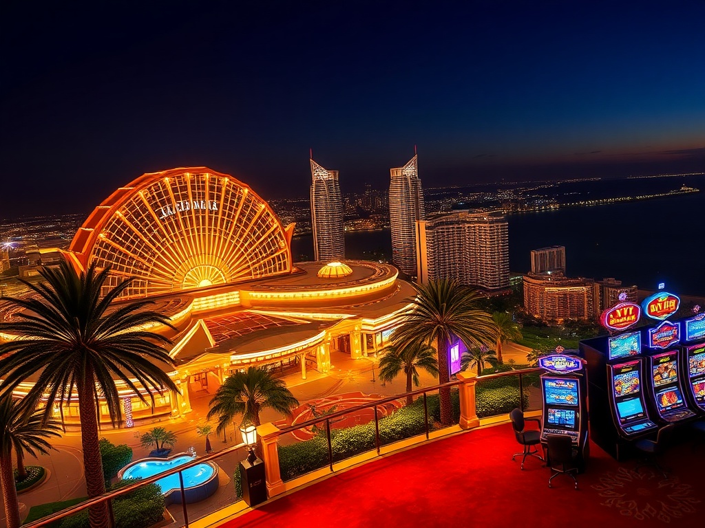 A luxurious Australian skyline at night, glowing casino facade, elegant palms, velvet red carpet, golden light, sparkling slot machines, VIP suite balcony, distant ocean glow.