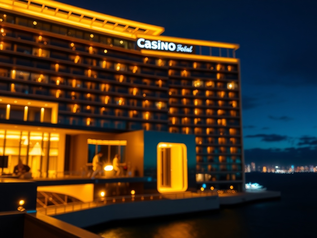 "Luxury casino hotel at night in Australia, sleek facade, warm golden lights, blurred high-stakes gaming ambiance, elegant VIP suite doorway glow, ocean skyline, cinematic depth-of-field, no logos"