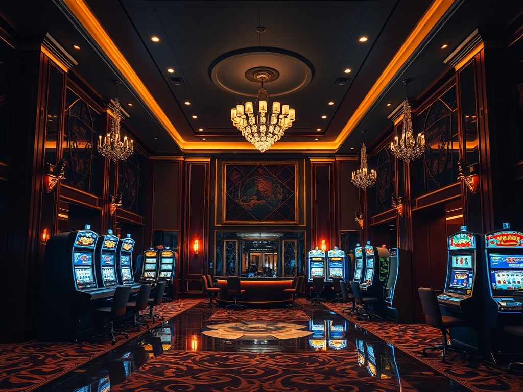 A luxurious Australian casino hotel lobby at night, elegant concierge, warm ambient lights, velvet accents, subtle glowing slot machines, premium atmosphere, VIP lounge entrance.