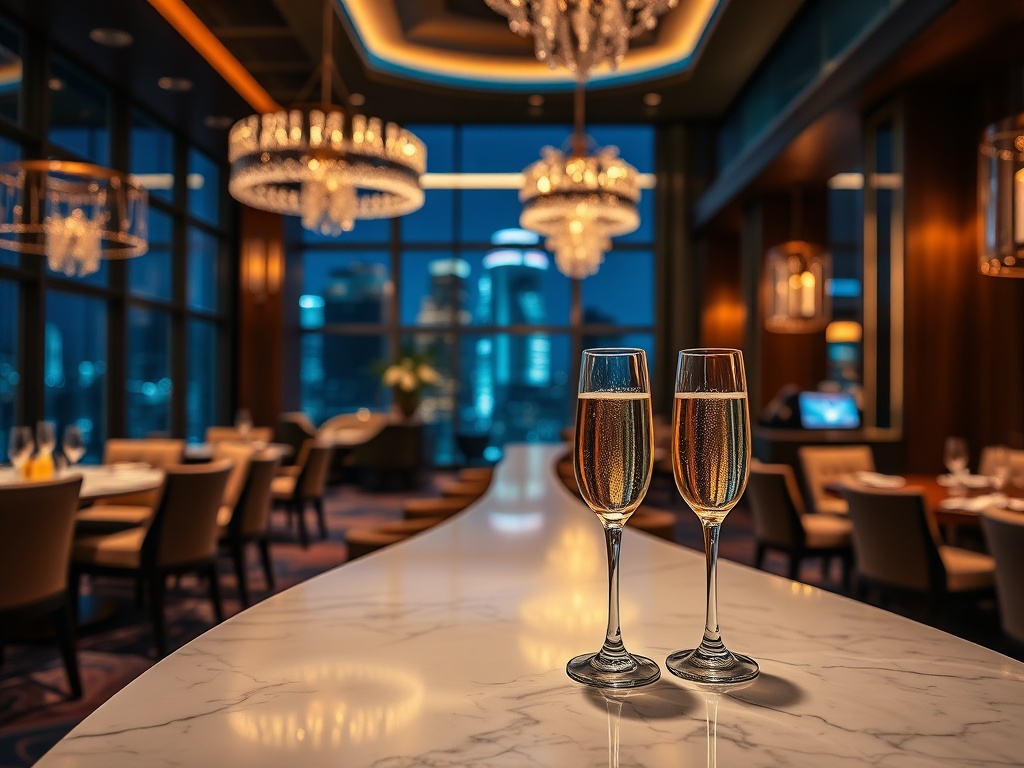 "luxury Australian casino hotel lounge at night, warm ambient lighting, elegant champagne glasses on marble table, concierge ambiance, subtle VIP atmosphere, modern skyline windows, shallow depth of field".