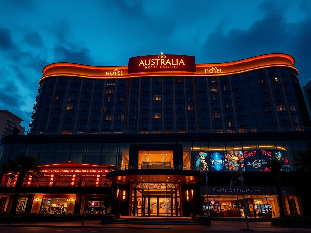 "Nighttime luxury casino hotel in Australia, glowing skyline facade, elegant entrance, cinematic lighting, sleek gaming lounge ambiance, VIP suite windows, refined atmosphere"
