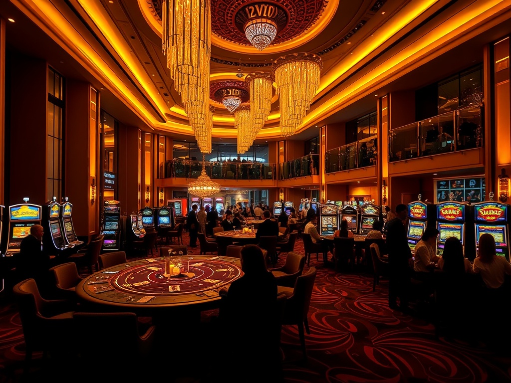 "Luxury casino hotel interior in Australia at night, golden lights, high-stakes table silhouettes, slot machines glow, VIP suite balcony overlook, elegant crowd, subtle Instagram-like glow" You MUST not include ANY brand images or logos. You may ONLY repl