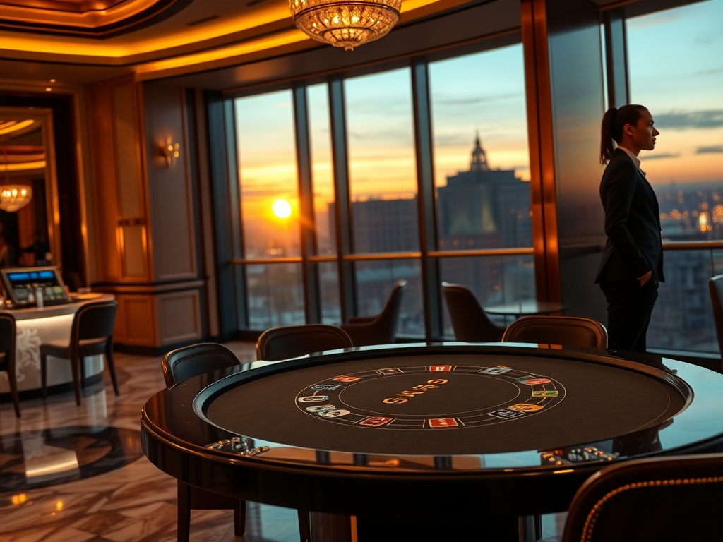"luxury casino interior at dusk" "golden light reflecting on marble" "sleek high-stakes card table" "elegant VIP suite balcony view" "attentive staff silhouette".