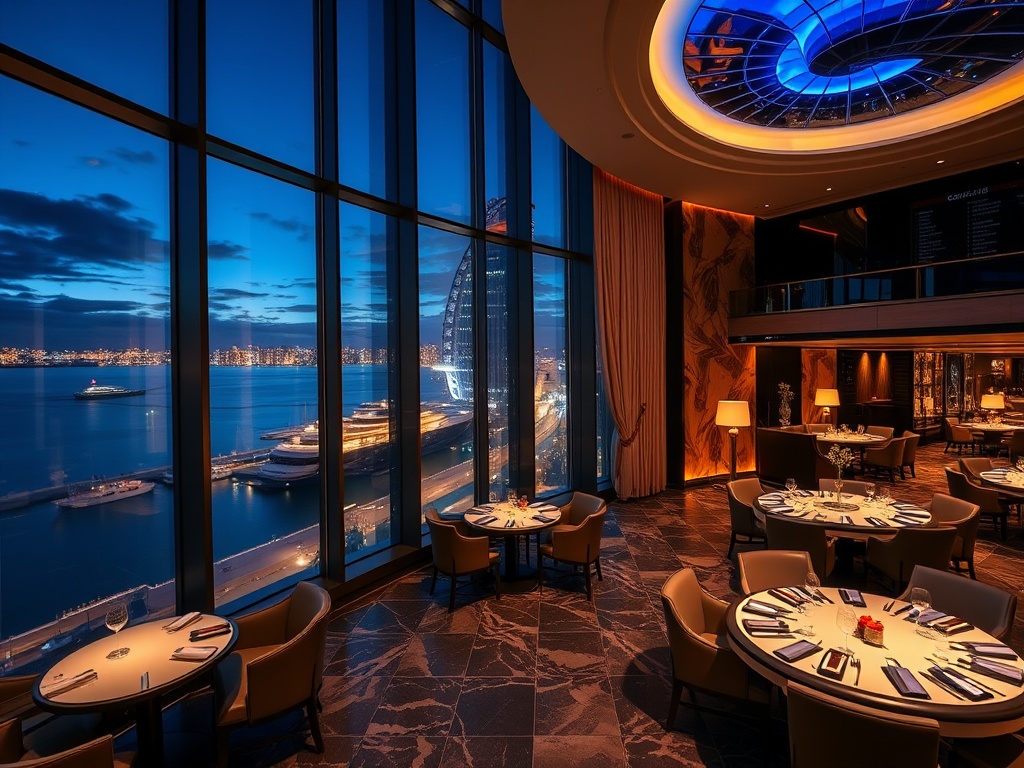 "luxury five-star casino hotel in Australia at night, glowing marble interior, elegant VIP suite window view over coastline, refined dining lights, discreet high-stakes tables, cinematic lighting"