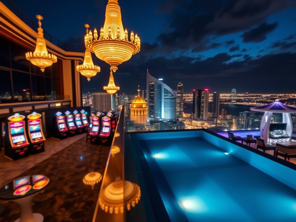 "luxury Australian casino hotel at night with glowing chandeliers" "high-stakes gaming atmosphere blurred slots and velvet tables" "rooftop infinity pool overlooking iconic skyline" "stylish bar lights" "elegant VIP suite window glow"