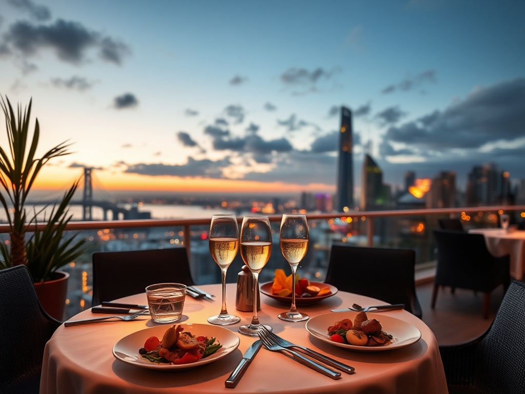 A glamorous five-star Australian luxury casino hotel terrace at dusk, fine dining table with gourmet dishes, sparkling cocktails, soft warm lights, elegant skyline."