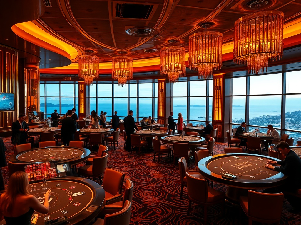 Opulent Australian casino lounge, warm amber lighting, gold accents, elegant guest silhouettes, high-stakes tables, panoramic ocean skyline windows, VIP serenity