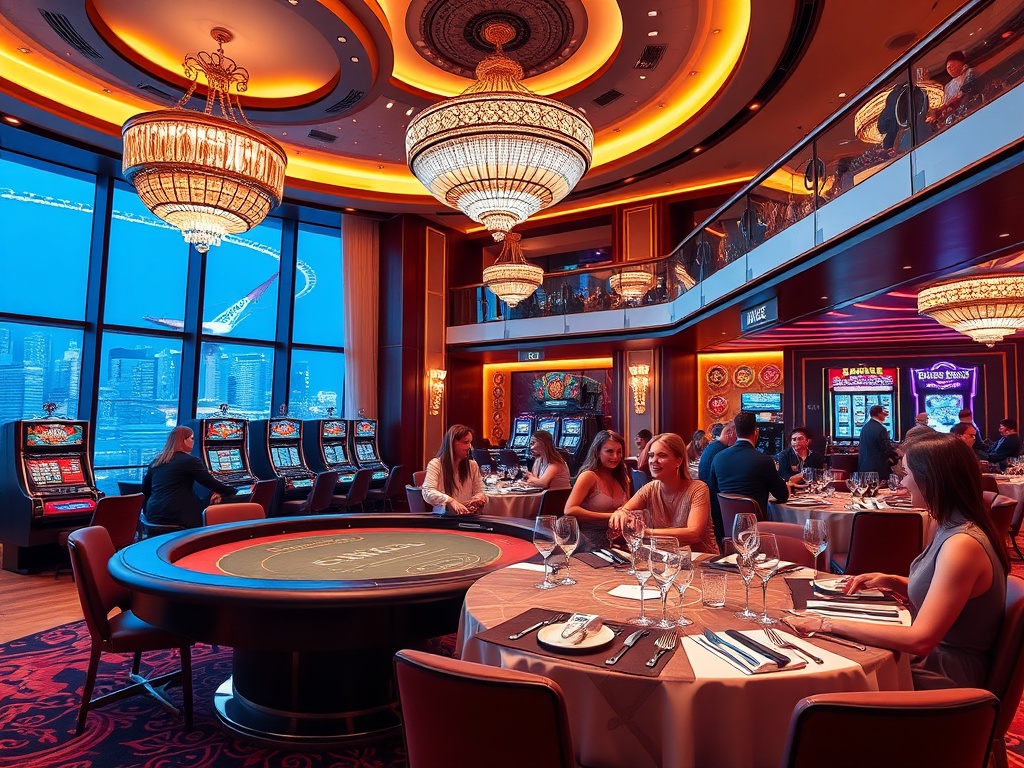 "a glamorous casino hotel interior blending "high-stakes poker table" "sparkling slot lights" "elegant VIP suite balcony" and "fine dining" with smiling guests under warm ambience" " "