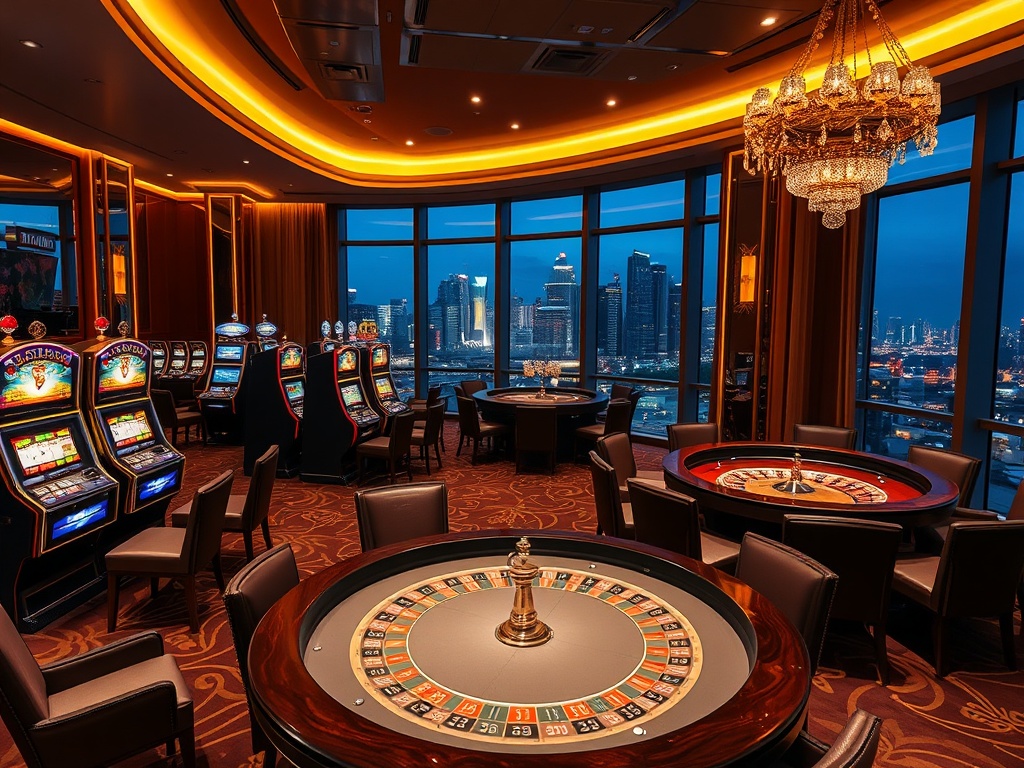 "Luxury casino hotel interior with elegant VIP lounge, shimmering slot machines and high-stakes roulette table, warm golden lighting, plush seating, panoramic Australian skyline view through floor-to-ceiling windows, cinematic depth, ultra-realistic"