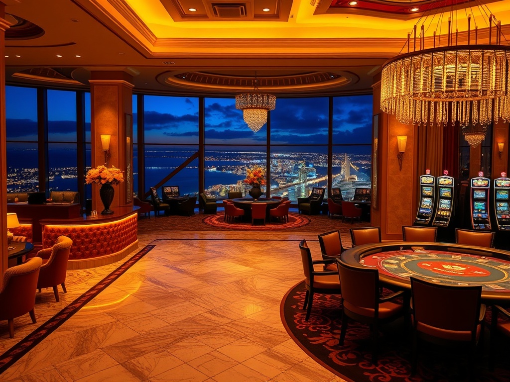A luxurious Australian casino hotel lobby at night with warm marble, golden lighting, panoramic ocean-city view, velvet VIP lounge, elegant poker table, distant slots glow, five-star suites balcony.