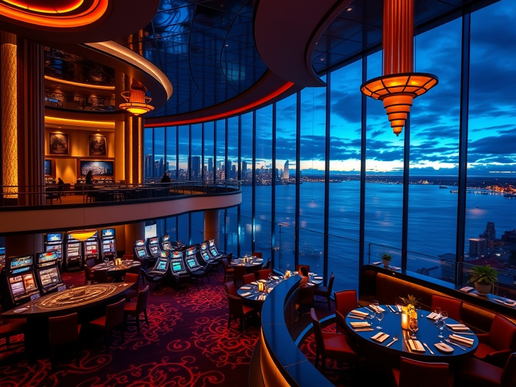 "Opulent Australian luxury casino at night, glowing gaming floor, elegant VIP suite balcony with ocean skyline, refined dining ambience, warm concierge lighting, cinematic realism."