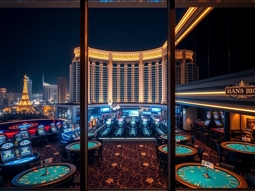 "Luxury casino hotel in Australia at night, glamorous gaming floor with high-stakes tables, elegant VIP suite window view, five-star glow, tasteful opulence." "