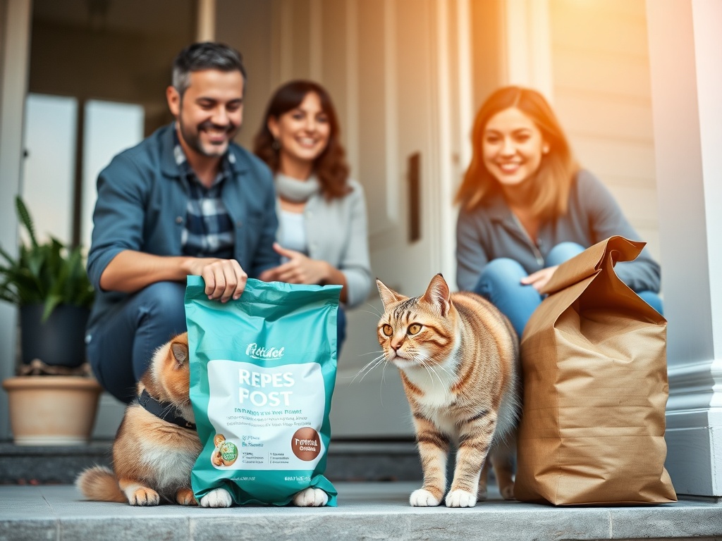 "Two smiling pet owners at a modern doorstep" "happy cat eagerly eating premium cat food" "neatly packed bag delivery" "warm daylight"