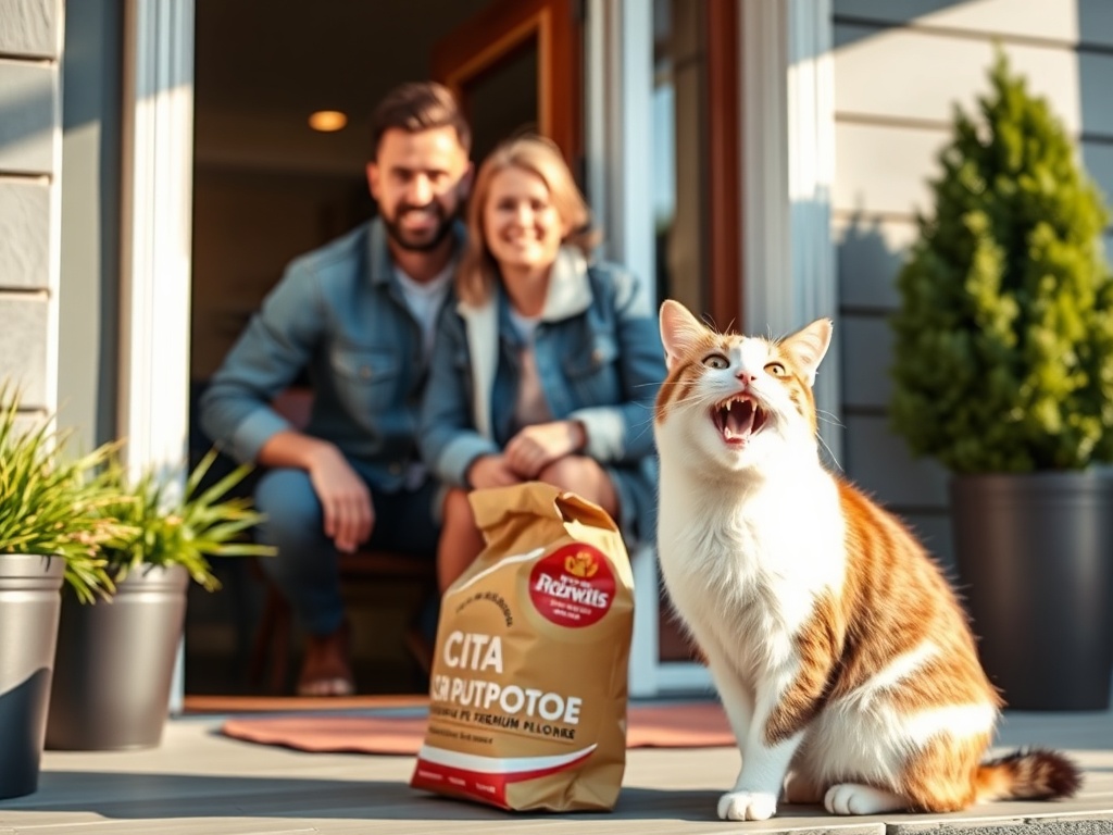 "Two smiling pet owners at a modern doorstep" "happy cat eagerly eating premium cat food" "neatly packed bag delivery" "warm daylight"