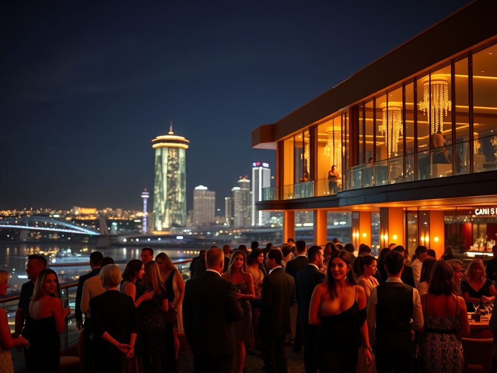 "a lavish Australian casino resort at night, glamorous guests in formal wear at a high-end cocktail reception, warm lights, elegant glass, skyline." You MUST not include ANY brand images or logos. You may ONLY reply with the format given.