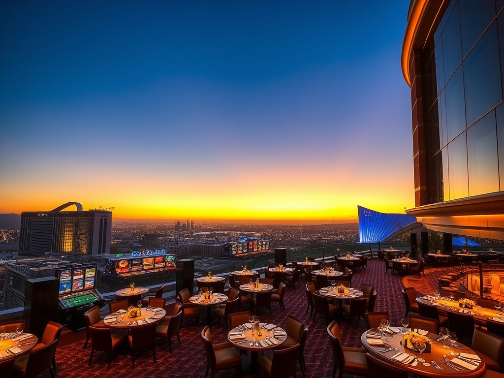 A luxurious Australian casino hotel scene at dusk, "glowing high-stakes gaming floor", "elegant VIP suite windows", "fine dining tables", "stylish nightlife lounge"