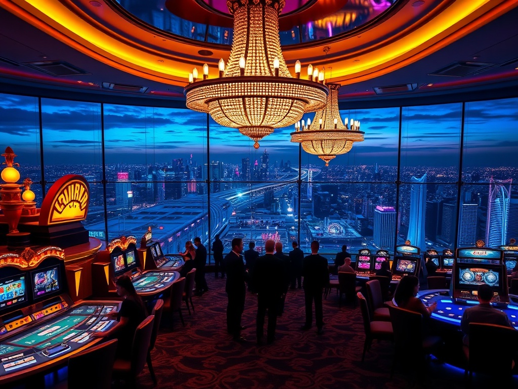 A glamorous luxury casino hotel in Australia at night, neon-lit gaming floor, elegant patrons silhouettes, panoramic skyline views, opulent chandeliers, velvet seats.