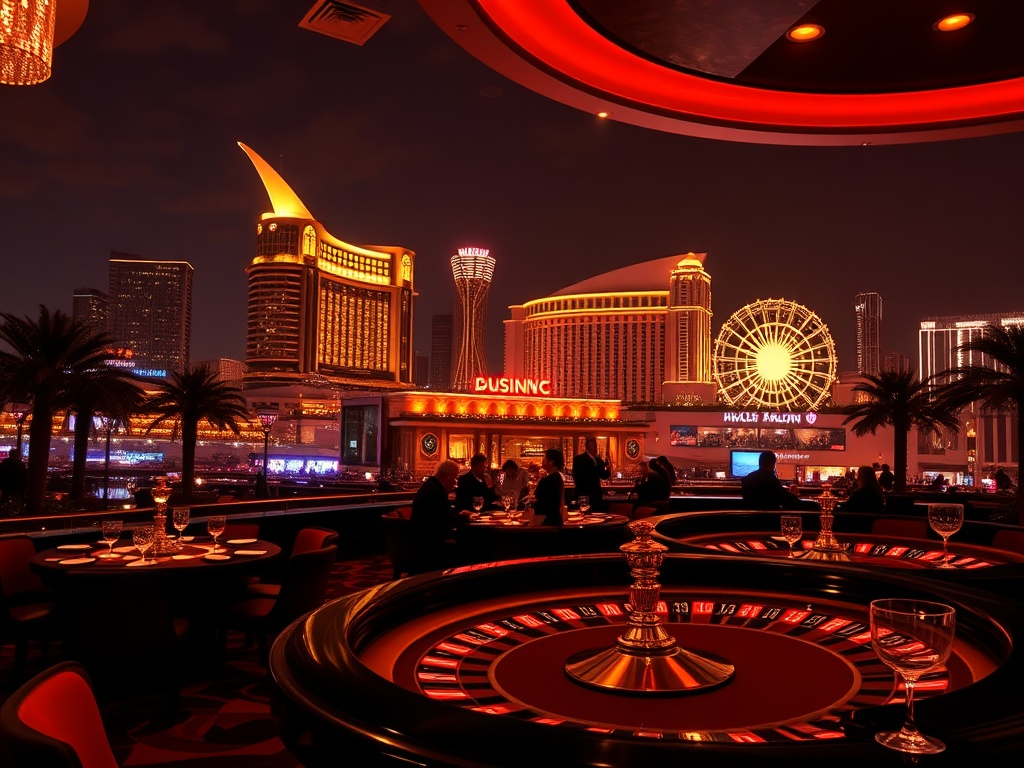 "A glamorous Australian luxury casino hotel at night, illuminated skyline, elegant lounge diners, roulette tables silhouettes, velvet VIP vibe, cocktails and vibrant nightlife, cinematic lighting." "Exclude people, logos, and text."