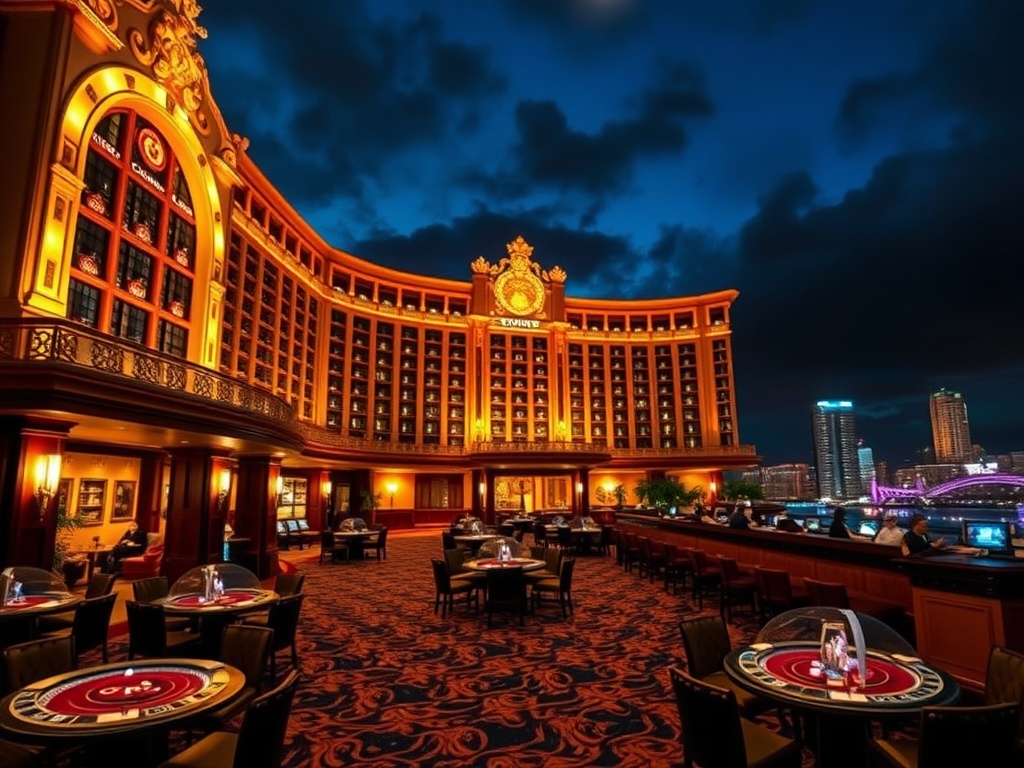 A luxurious Australian casino hotel at night, glowing entrances, elegant high-roller gaming tables implied by lights, panoramic skyline views, velvet lounge ambiance, five-star serenity.