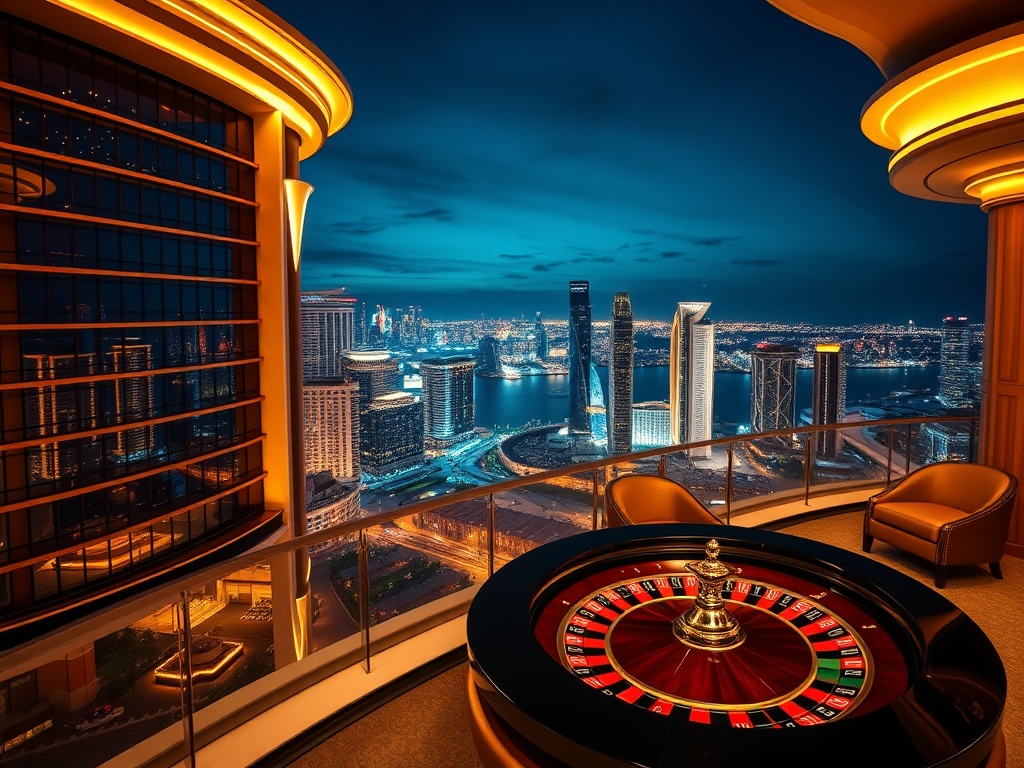 "glamorous Australian luxury casino hotel at night" "city skyline lights" "elegant roulette table glow" "VIP suite balcony" "gold accents" "dramatic skyline view"