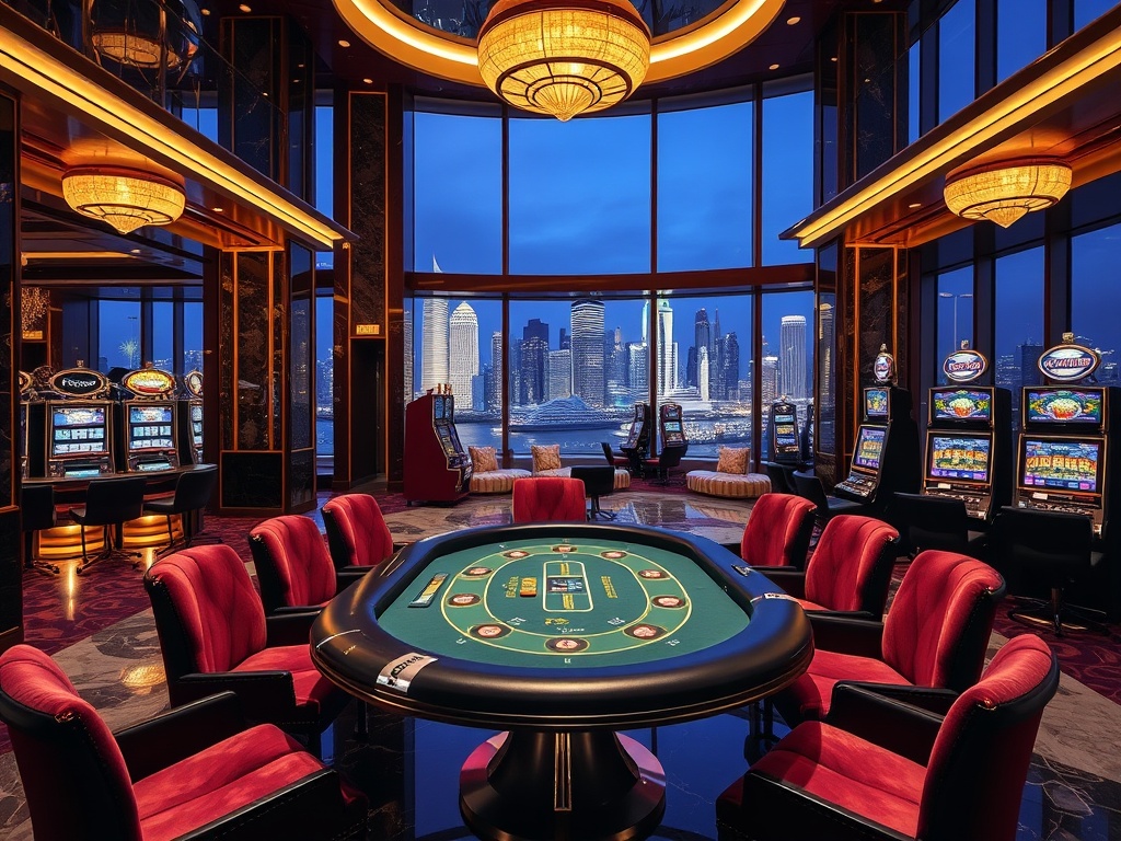 "Opulent luxury casino interior with gleaming marble, velvet seating, high-stakes card table and glowing slot machines; floor-to-ceiling windows reveal an iconic Australian city skyline at night."