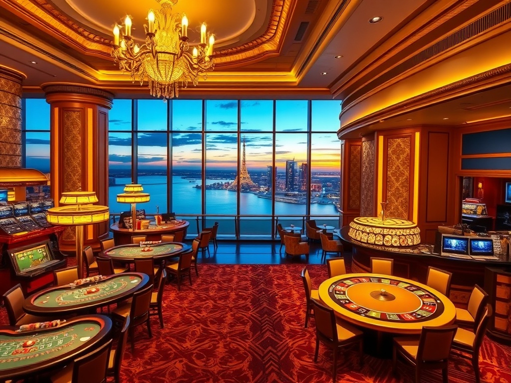 "opulent casino interior" "golden chandeliers" "high-stakes gaming tables" "elegant high-roller lounge" "sleek VIP suite balcony" "sunset skyline over water"