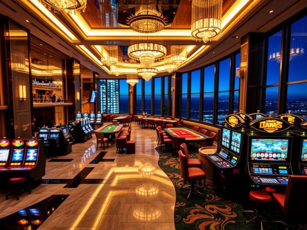 "Luxurious Australian casino hotel at night, glowing marble lobby, elegant poker table lights, sleek slot machines blurred, VIP lounge with velvet seating, panoramic ocean skyline suites, five-star ambiance"
