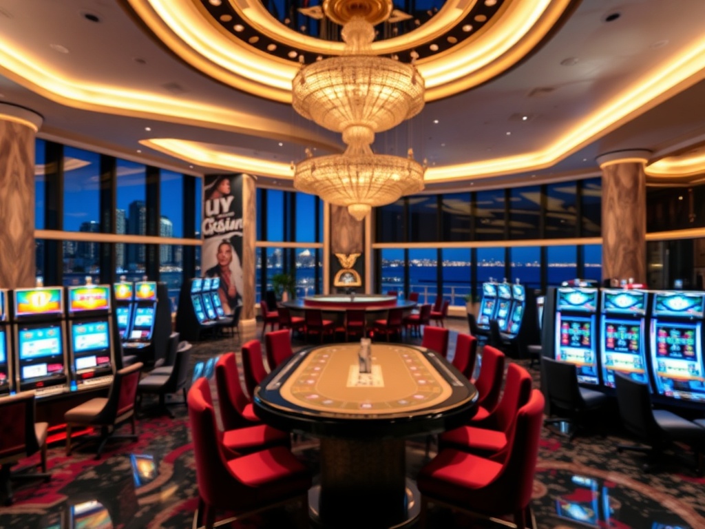 "Luxurious Australian casino hotel at night, glowing marble lobby, elegant poker table lights, sleek slot machines blurred, VIP lounge with velvet seating, panoramic ocean skyline suites, five-star ambiance"
