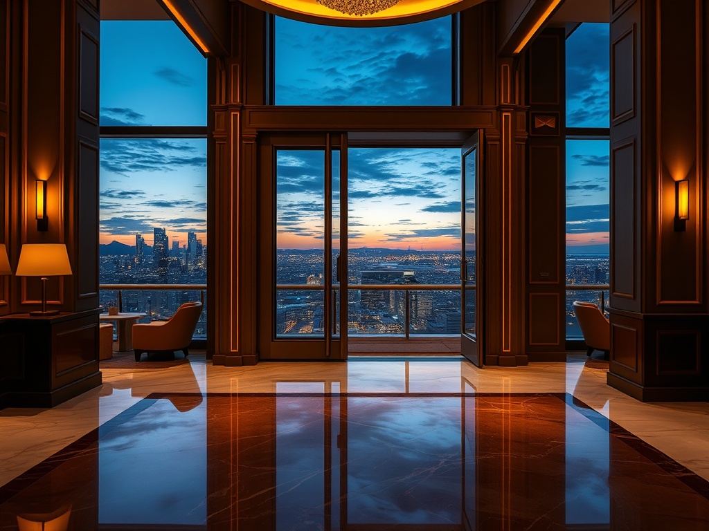 "Elegant Australian luxury casino interior at dusk, VIP suite doorway, warm gold lighting, subtle envelope icon glow, polished marble, panoramic city coastline view"