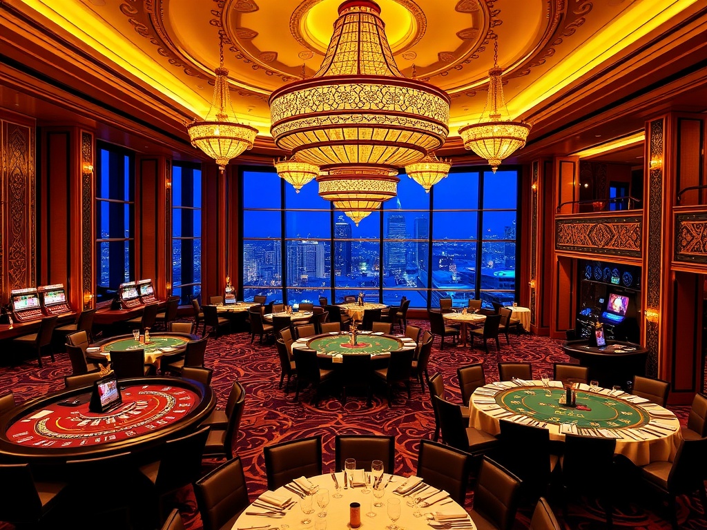 "opulent casino interior" "golden chandeliers" "high-stakes gaming tables" "sleek VIP lounge" "panoramic skyline windows" "fine dining table" "warm ambient nightlife glow" "five-star luxury atmosphere"