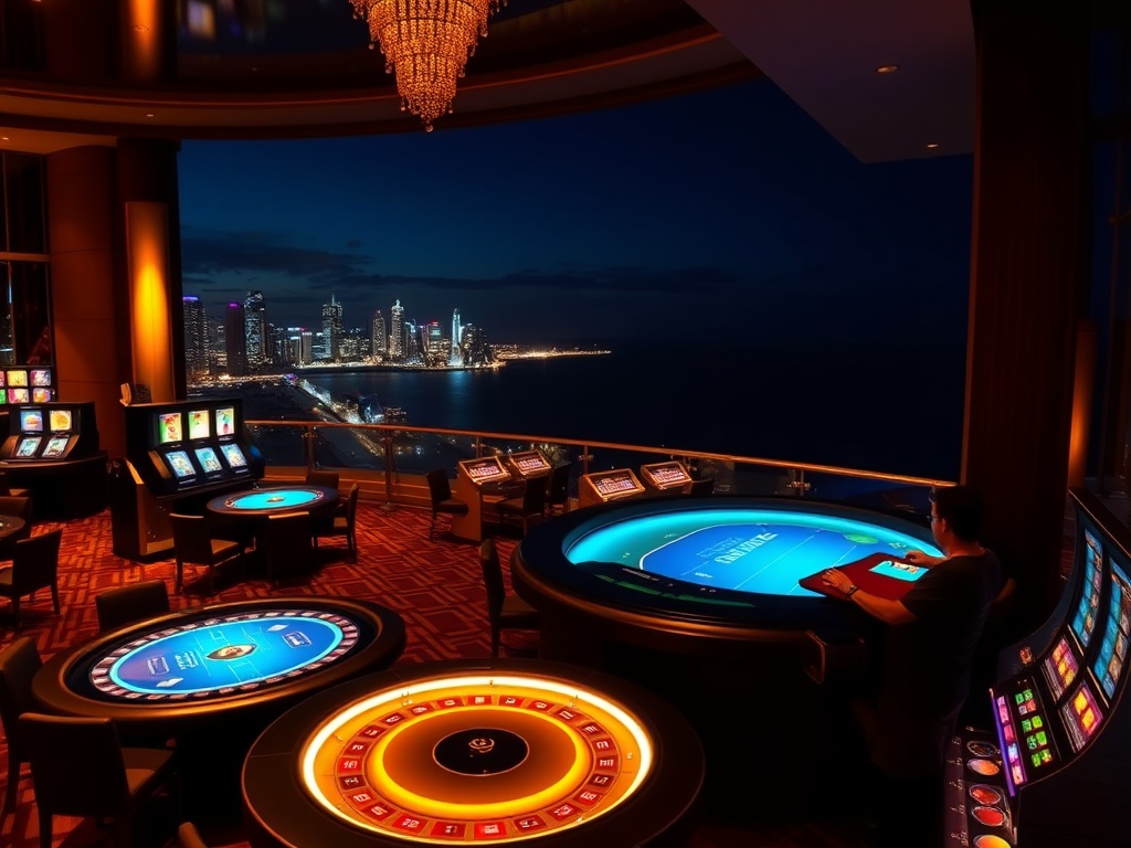 "luxury casino hotel at night in Australia", "glowing high-stakes gaming tables and slot lights", "VIP suite balcony with ocean skyline", "elegant staff silhouettes", "warm upscale ambiance"