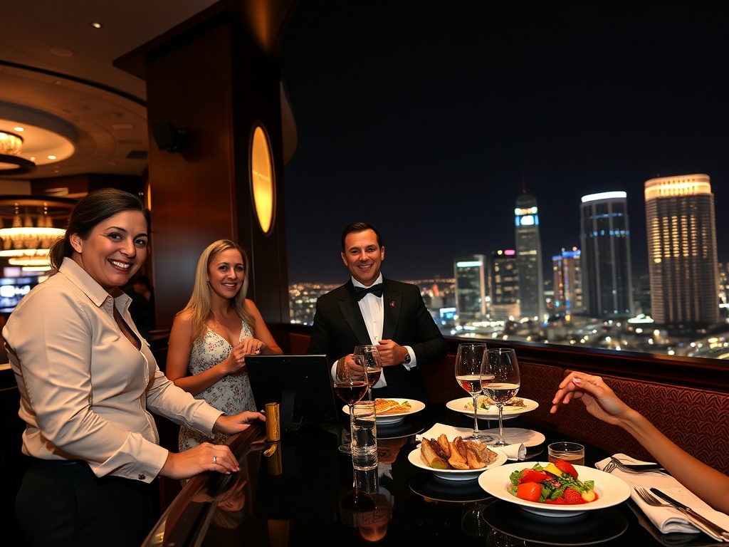 “luxury casino hotel lounge at night” “smiling guests” “attentive concierge” “quick service gestures” “gourmet dining plates” “panoramic city lights”