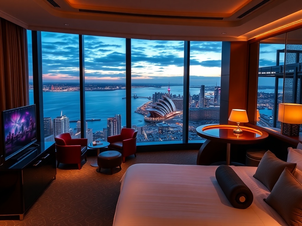 “luxury casino hotel in Australia” “panoramic ocean-city skyline view” “elegant suite interior with warm lighting” “subtle VIP gaming ambiance”