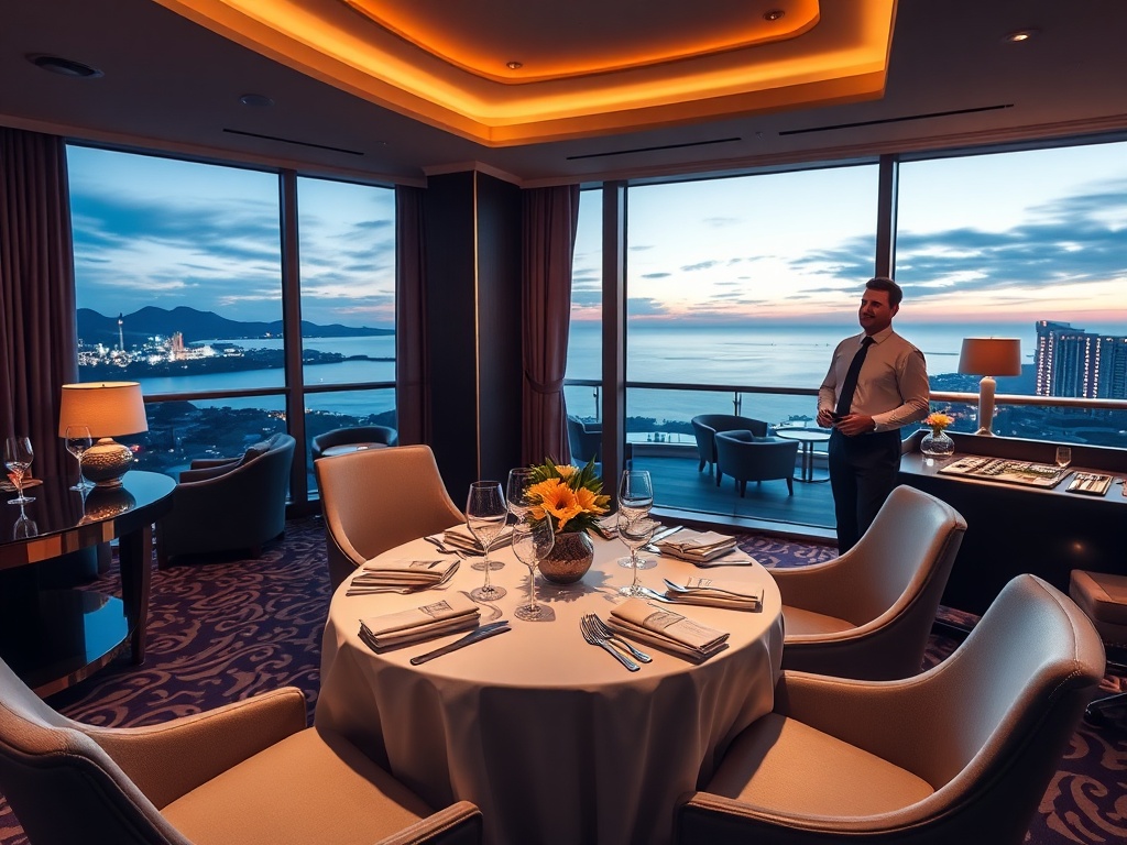 "elegant VIP lounge" "five-star suite balcony with coastal skyline" "fine dining table" "subtle casino lights" "attentive concierge" "warm confident smiles"