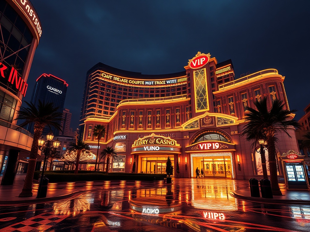 A glamorous Australian luxury casino hotel at night, neon reflections on wet streets, towering skyline, elegant VIP entrance, warm light, distant slot-lit glow.