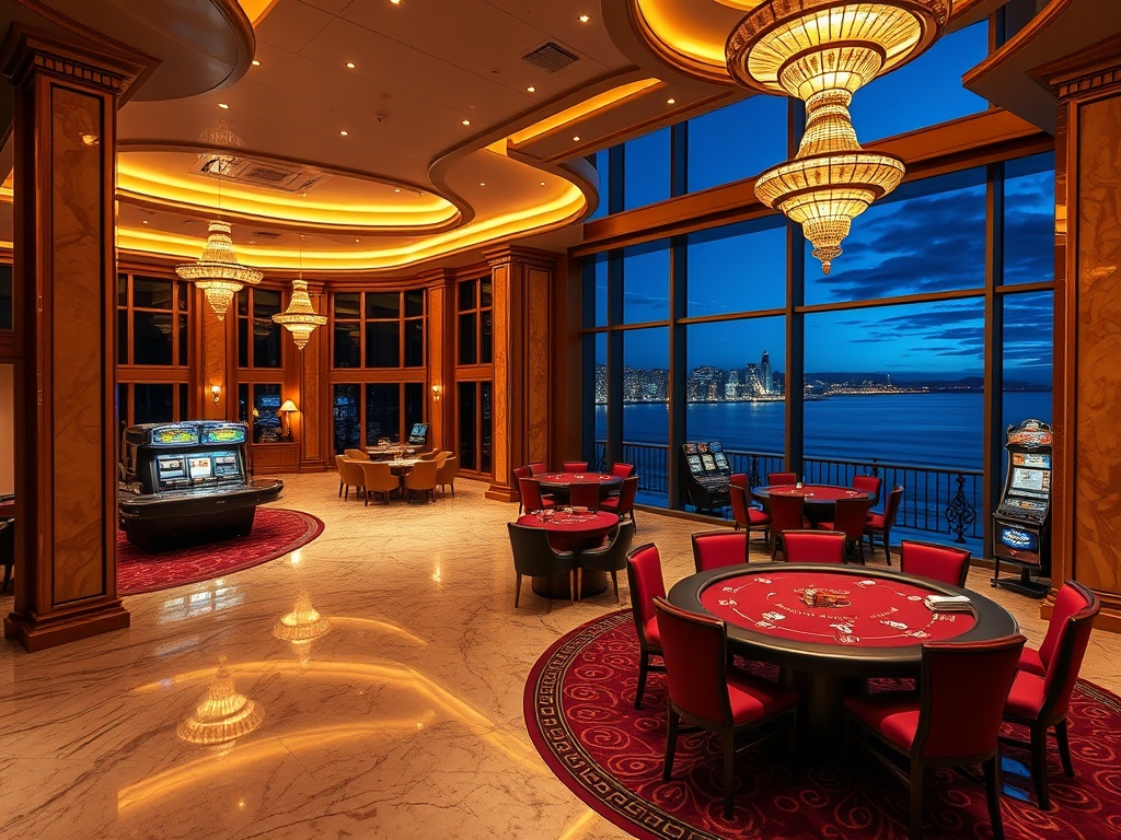 A luxurious Australian casino hotel lobby at night with warm marble, golden lighting, panoramic ocean-city view, velvet VIP lounge, elegant poker table, distant slots glow, five-star suites balcony.