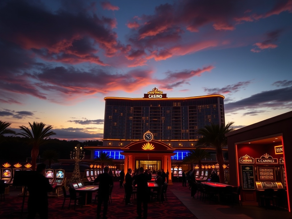 “Sunset view over an elegant Australian luxury casino hotel, golden lights, velvet ambience, cheering silhouettes near gaming tables, plush suite doorway, festive premium giveaway feel”