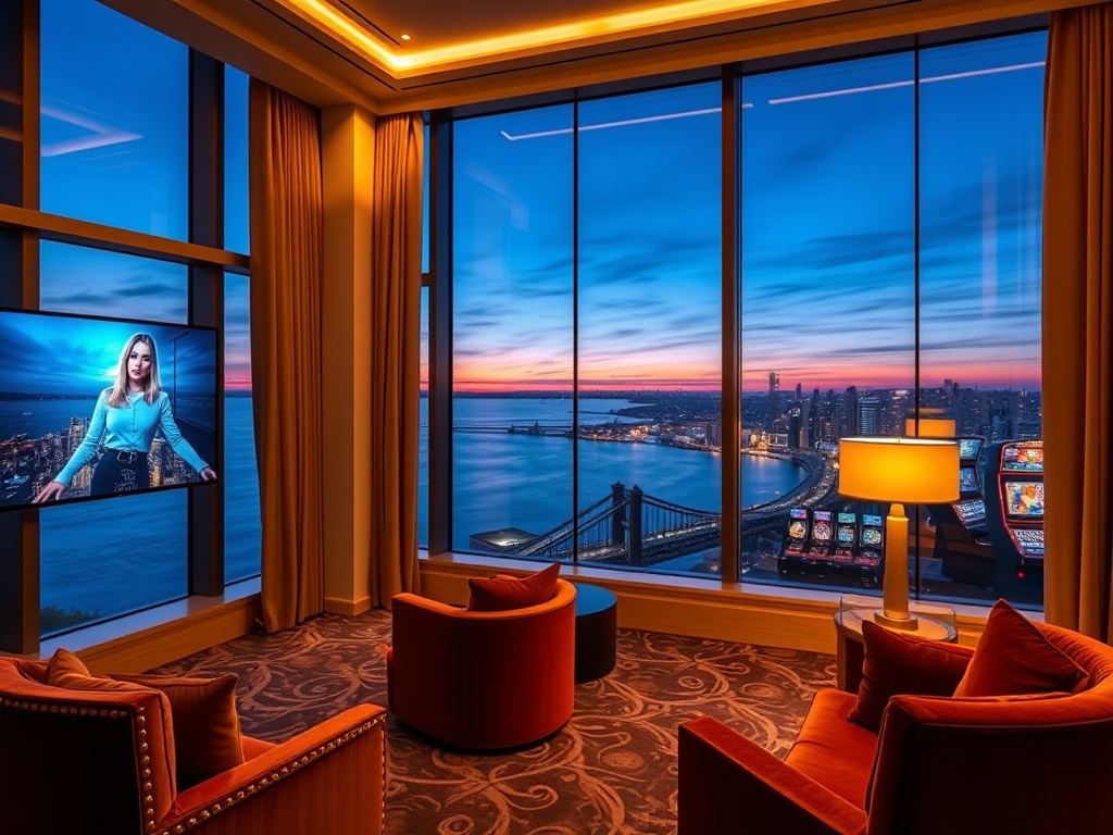 "Luxury Australian casino hotel suite interior, panoramic window ocean and skyline at dusk, golden accents, velvet seating, glowing gaming ambience in background, discreet VIP privacy, high-roller mood"